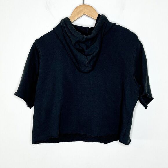 Avec Les Filles Cropped Short Sleeve Hooded Sweatshirt Top Black Womens Small - Picture 8 of 8